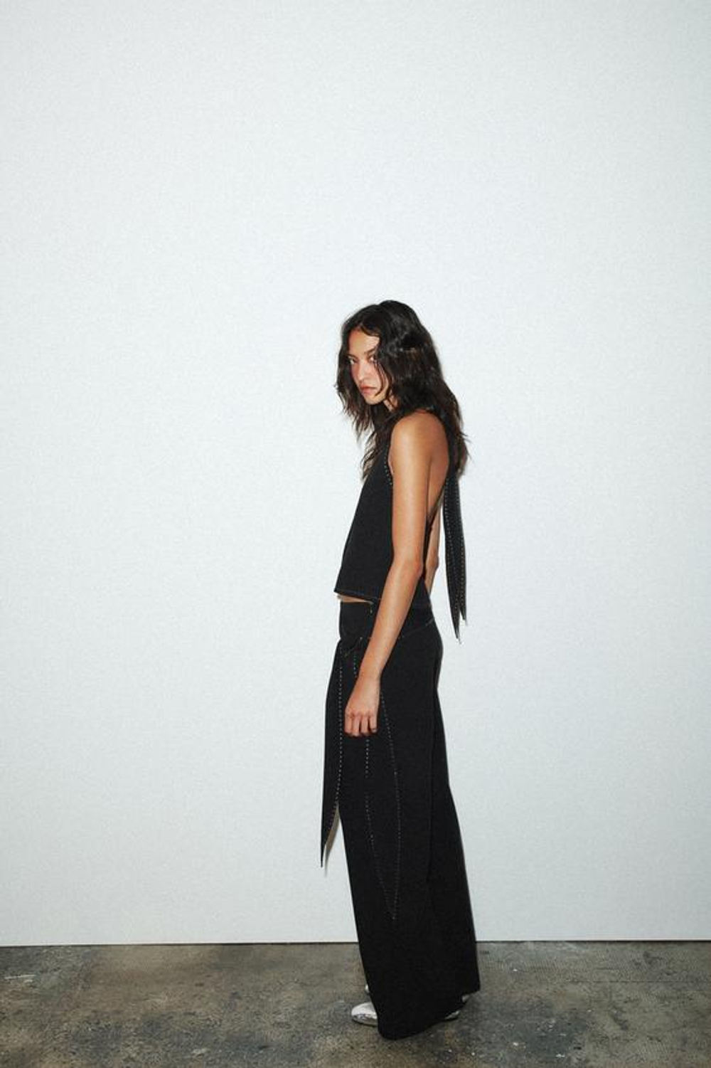 ZARA БРЮКИ С ЗАВЯЗКАМИ И ОТСТРОЧКОЙ, ЧЕРНЫЙ