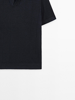 Massimo Dutti Льняной трикотажный свитер с воротником-поло, темно-синий