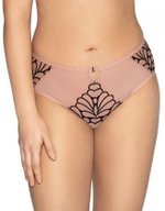 Трусики-бразилиана с контрастной черной вышивкой (Размер: S) (Цвет: телесный)