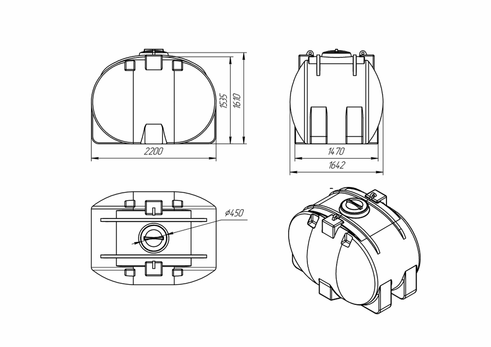 Ёмкость горизонтальная 4000л усиленная для перевозки Политим 4000 л.(1642x2200x1610см;красный) - арт.560778