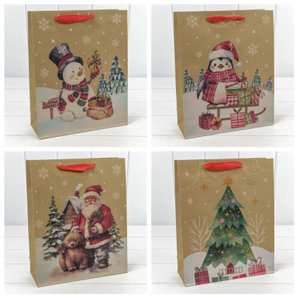 Пакет подарочный 26 х 32 х 10 см Набор 4 шт "Новогодний" (Крафт)