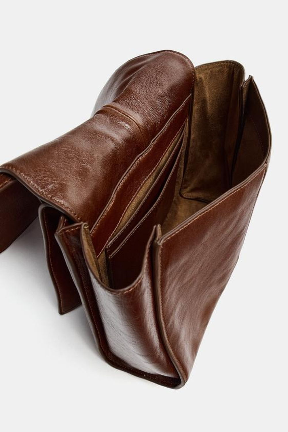 ZARA КОЖАНАЯ МИНИ-СУМКА-ШОПЕР С ДВОЙНЫМ КАРМАНОМ, КОРИЧНЕВЫЙ