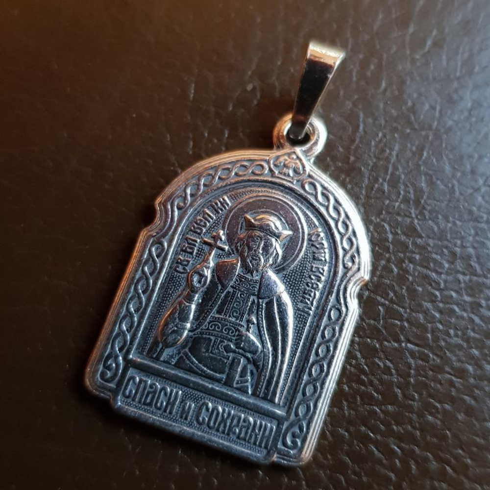 Нательная именная икона святой Юрий с серебрением кулон с молитвой
