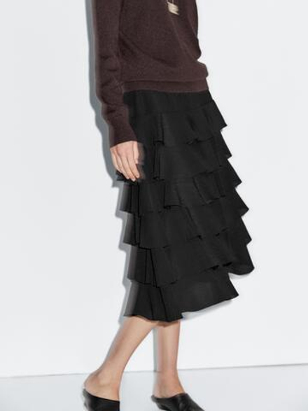 Massimo Dutti Юбка миди с оборками, черный