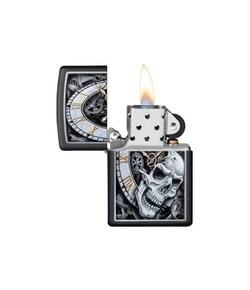 Зажигалка Zippo Skull Clock Design с покрытием Black Matte, латунь/сталь, чёрная, матовая, 36x12x56