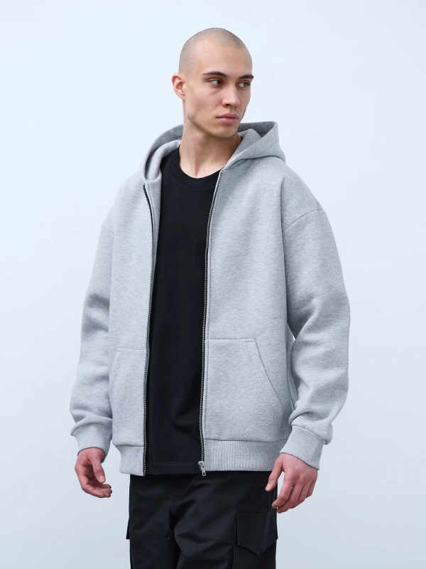 Худи оверсайз на молнии с начёсом (серый-меланж)