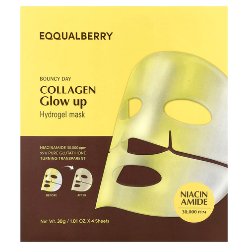 EQQUALBERRY, гидрогелевая маска с коллагеном для сияния кожи, 4 шт. по 30 г (1,01 унции)