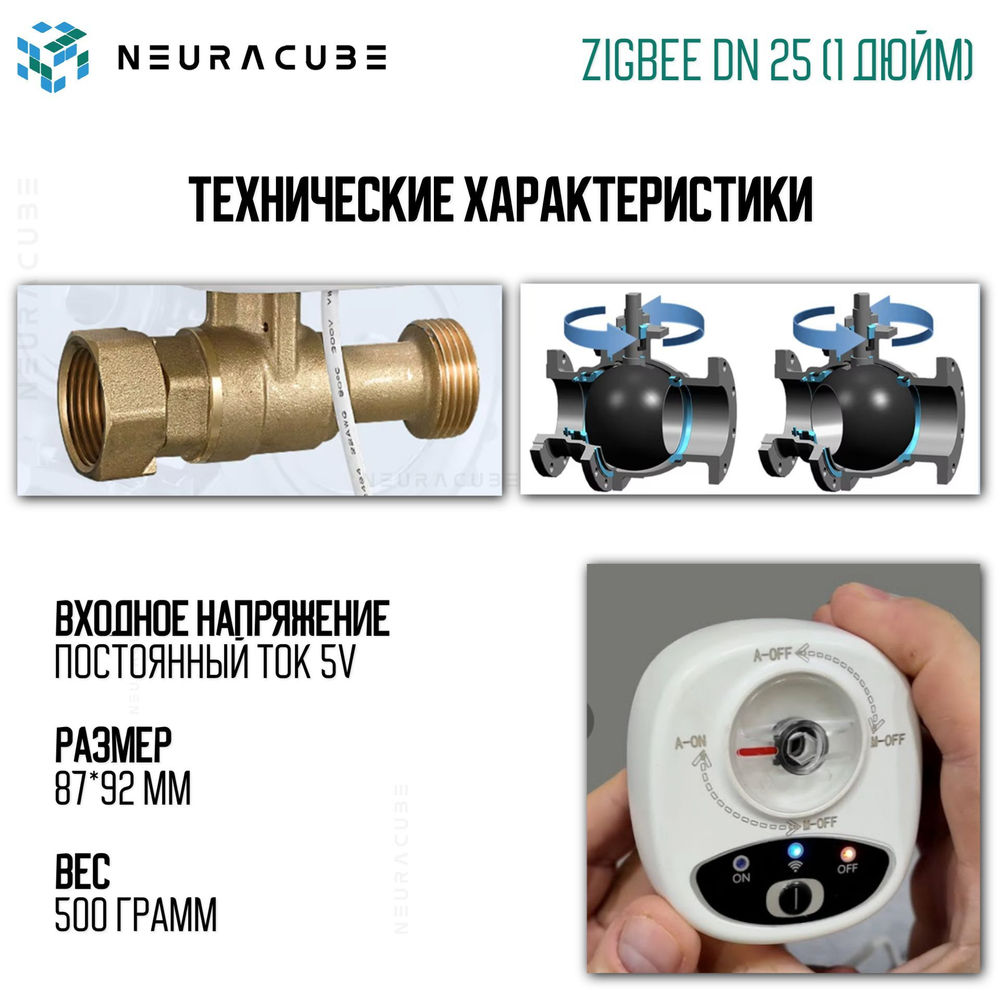 Умный Zigbee шаровый кран с электроприводом DN25 (1" дюйм) USB5V + ручное управление (Работает с eWelink, Алиса)