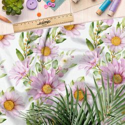 Ткань блэкаут нежные розовые цветы и акварельные листья на белом фоне