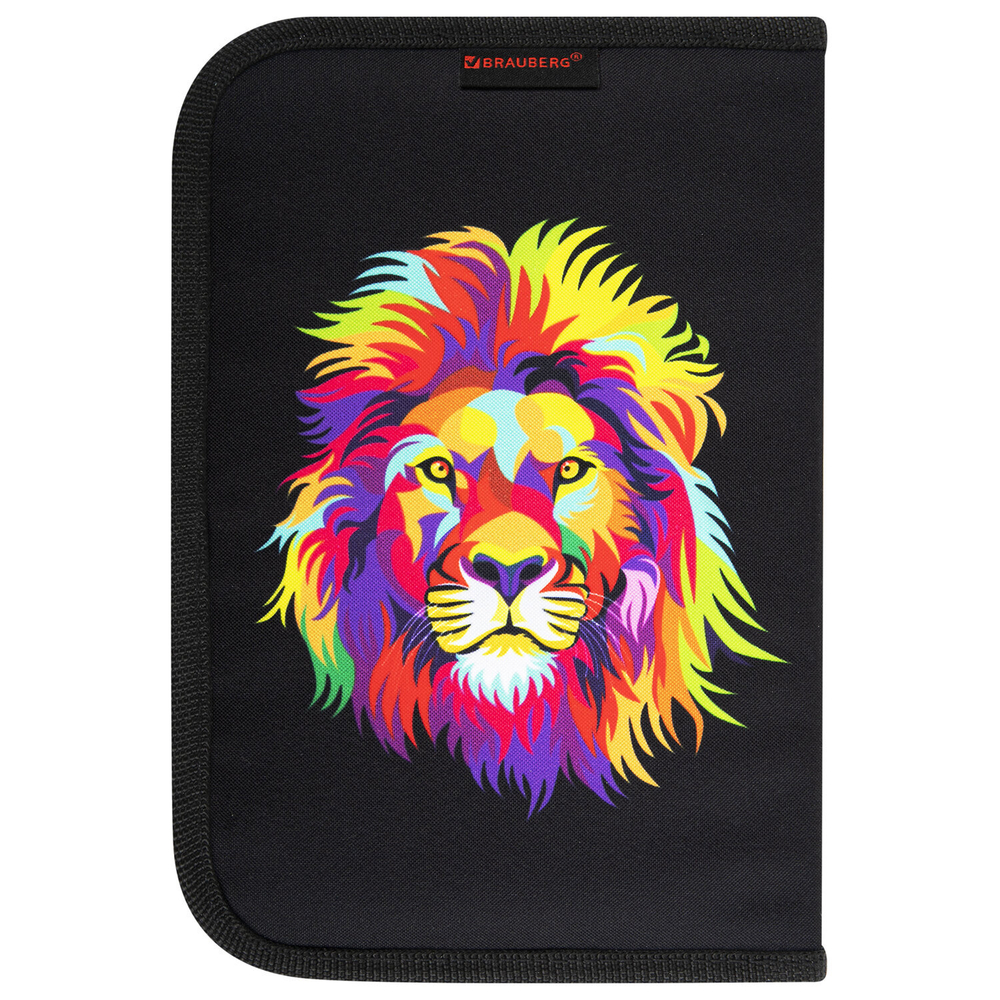 Пенал BRAUBERG с наполнением, 1 отделение, 1 откидная планка, 24 предмета, 21х14 см, "Colorful lion", 270725