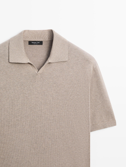 Massimo Dutti Трикотажный свитер из смесового хлопка с воротником-поло, норка