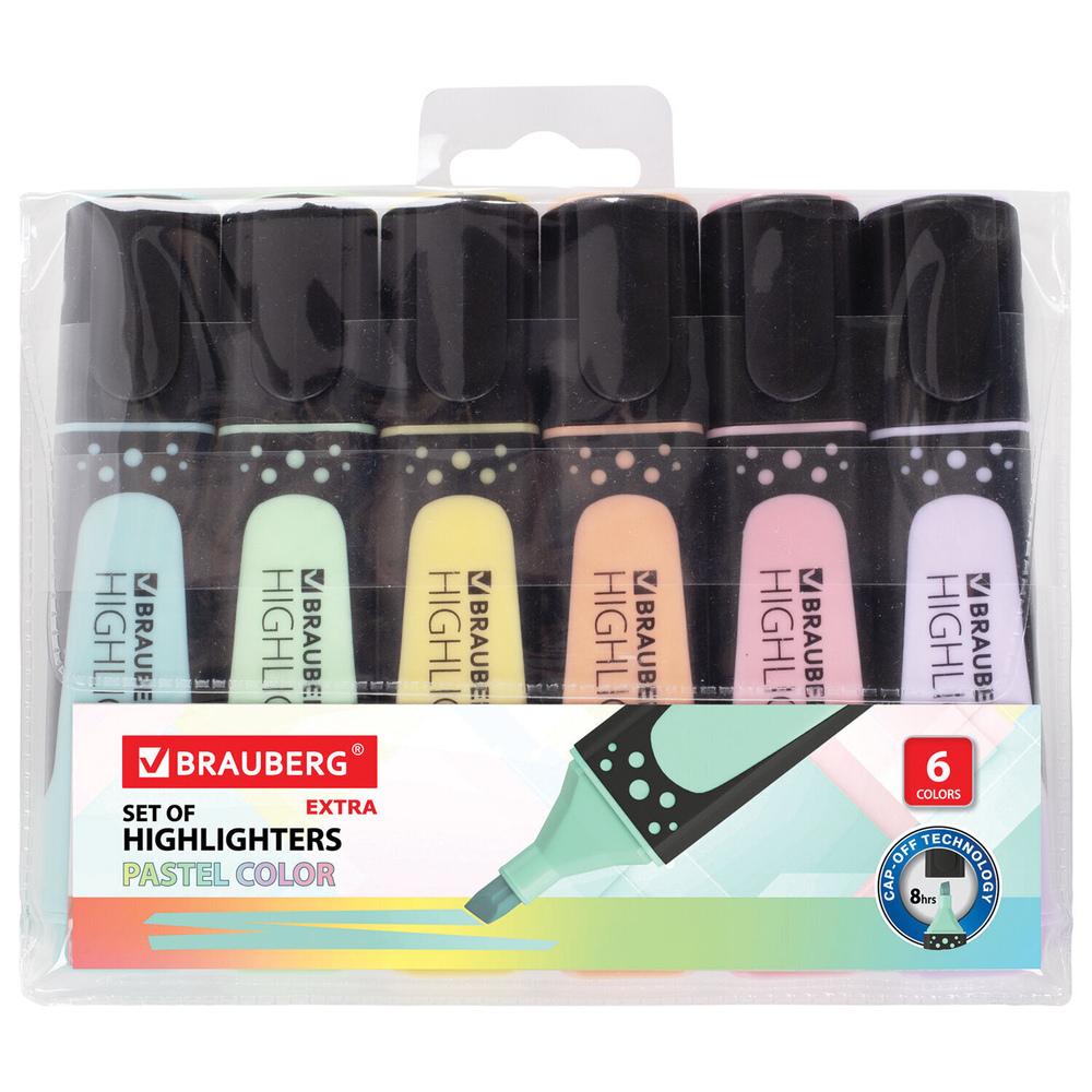 набор текстовыделителей BRAUBERG 6 шт. ассорти "EXTRA PASTEL" прорезиненный корпус линия 1-5 мм (4 штуки в упаковке)