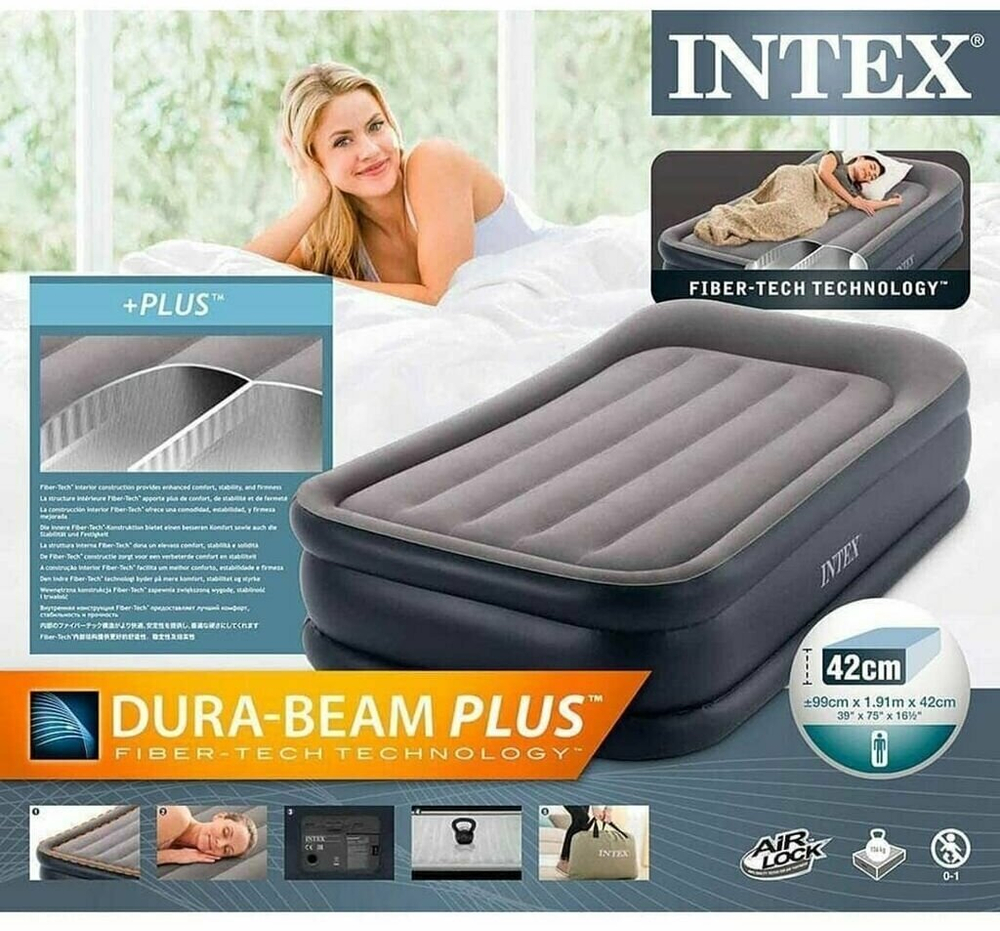Кровать надувная Intex, 191х99х42 см, 64132NP, нас встроен, электр, флок, с ребрами жест, 136 кг