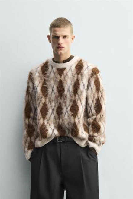 ZARA ЖАККАРДОВЫЙ СВИТЕР С ВОРСИСТОЙ ОТДЕЛКОЙ И УЗОРОМ «РОМБЫ», ЭКРЮ