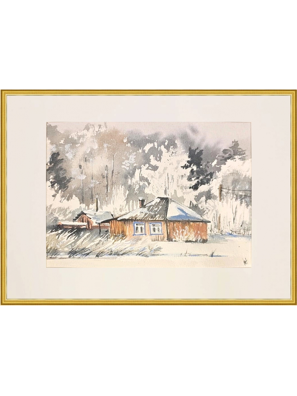 Картина авторская акварельная в паспарту 21*30 см на стену для интерьера "Зима"