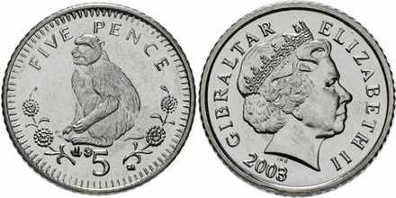 Гибралтар 5 пенсов, 1998 - 2003 Обезьяна aUNC