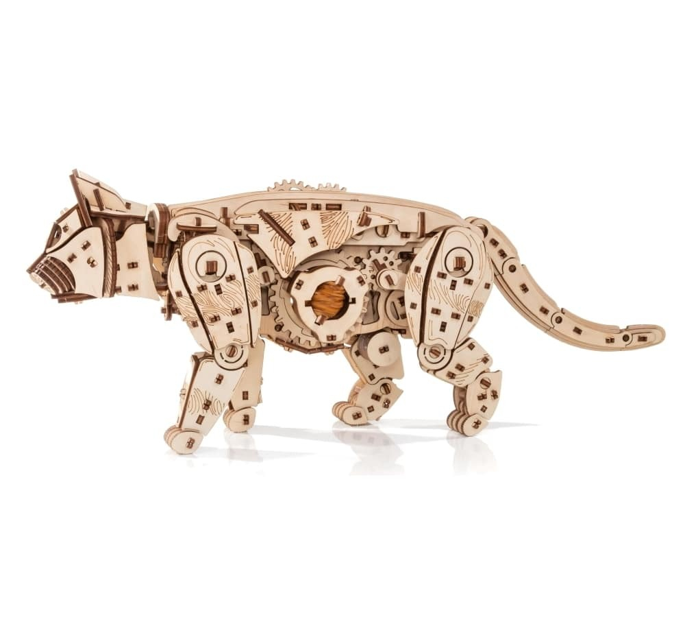 Механический Кот от Eco Wood Art (EWA) - Деревянный конструктор, сборная механическая модель, 3D Пазл