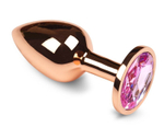 Маленькая золотистая анальная пробка с розовым кристаллом - 6 см.