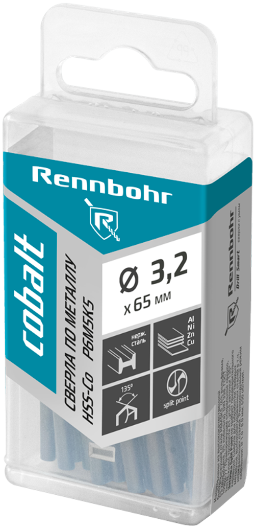 Сверло по металлу, ЦХ, 3,2х65мм, HSS-Co, Р6М5К5, 20шт/уп RENNBOHR COBALT PROM