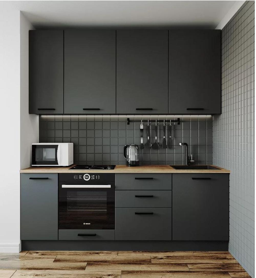 Кухонный гарнитур Антрацит (графит) 2200 мм столешница 38 мм, ЛДСП, прямая компактная кухня для студии, дачи и малогабаритной квартиры