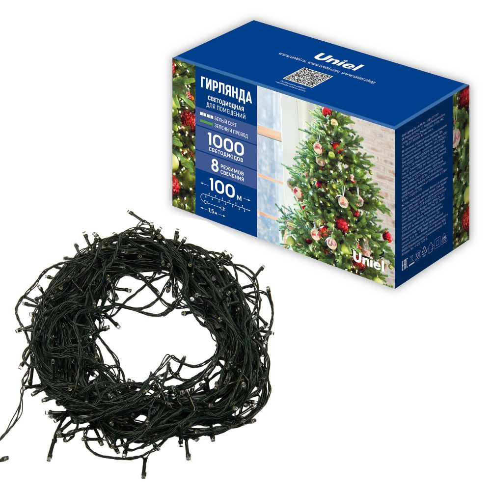 ULD-S10000-1000-DGA WHITE IP20 Гирлянда светодиодная. 100м. 1000 светодиодов. Белый свет. Провод зеленый. ТМ Uniel