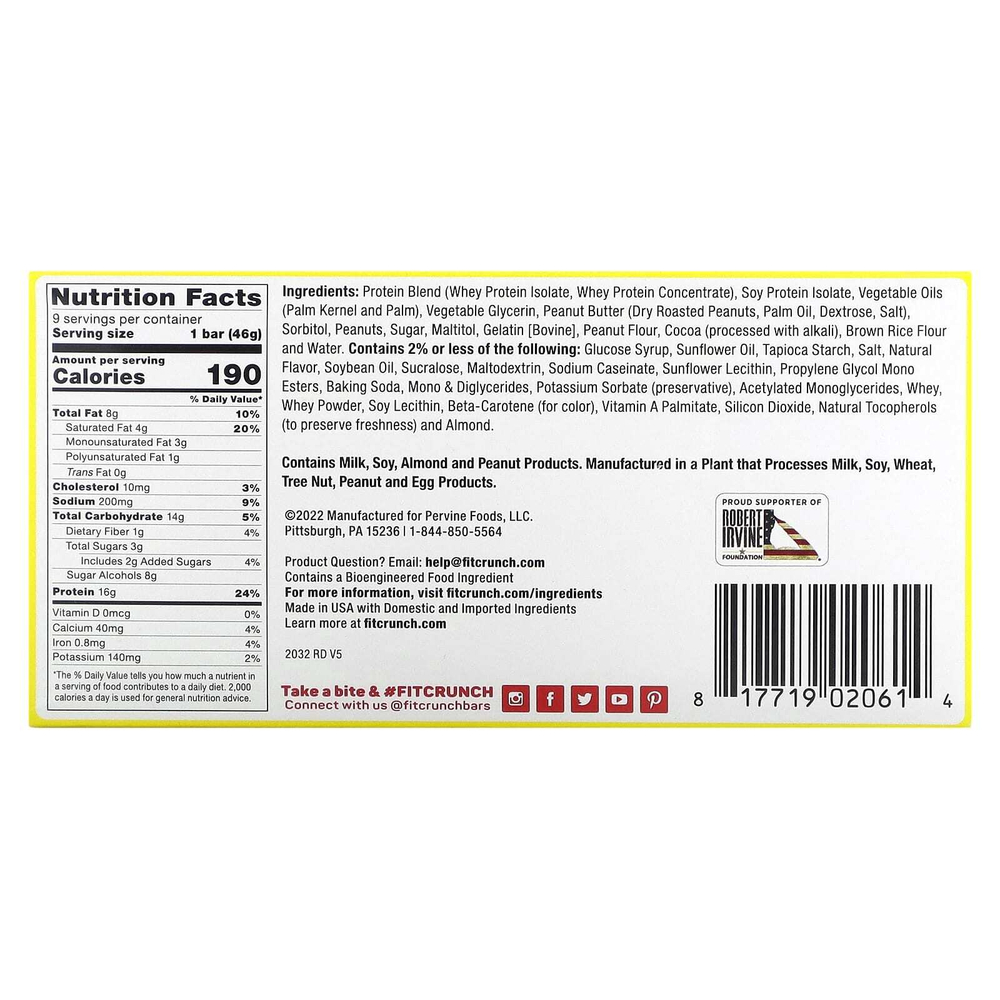 FITCRUNCH, Запеченный батончик с высоким содержанием протеина, шоколад и арахисовая паста, 9 батончиков, 46 г (1,62 унции)