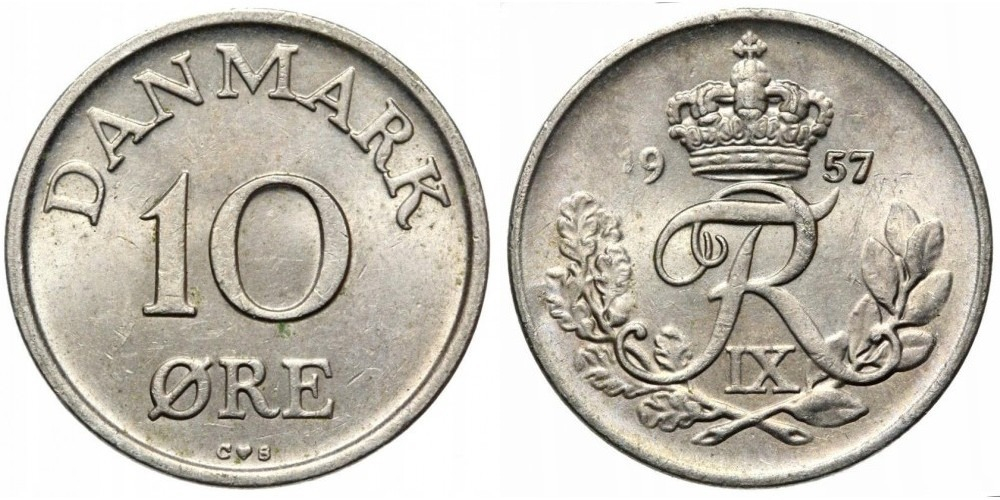 Дания 10 эре, 1948-1960 Король Фредерик IX XF