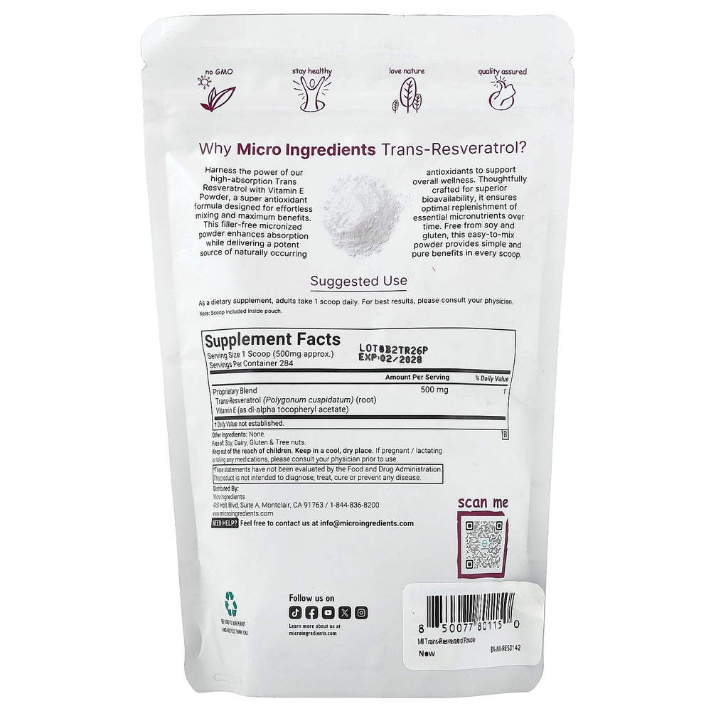 Micro Ingredients, транс-ресвератрол с витамином E, 142 г (5 унций)
