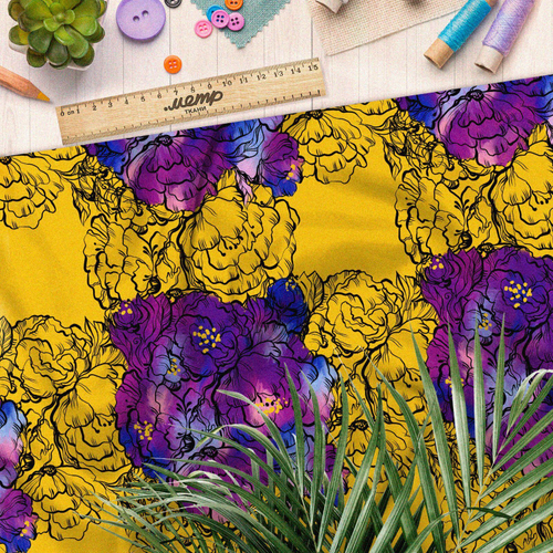 Ткань дюспо сине-фиолетовые цветы на жёлтом
