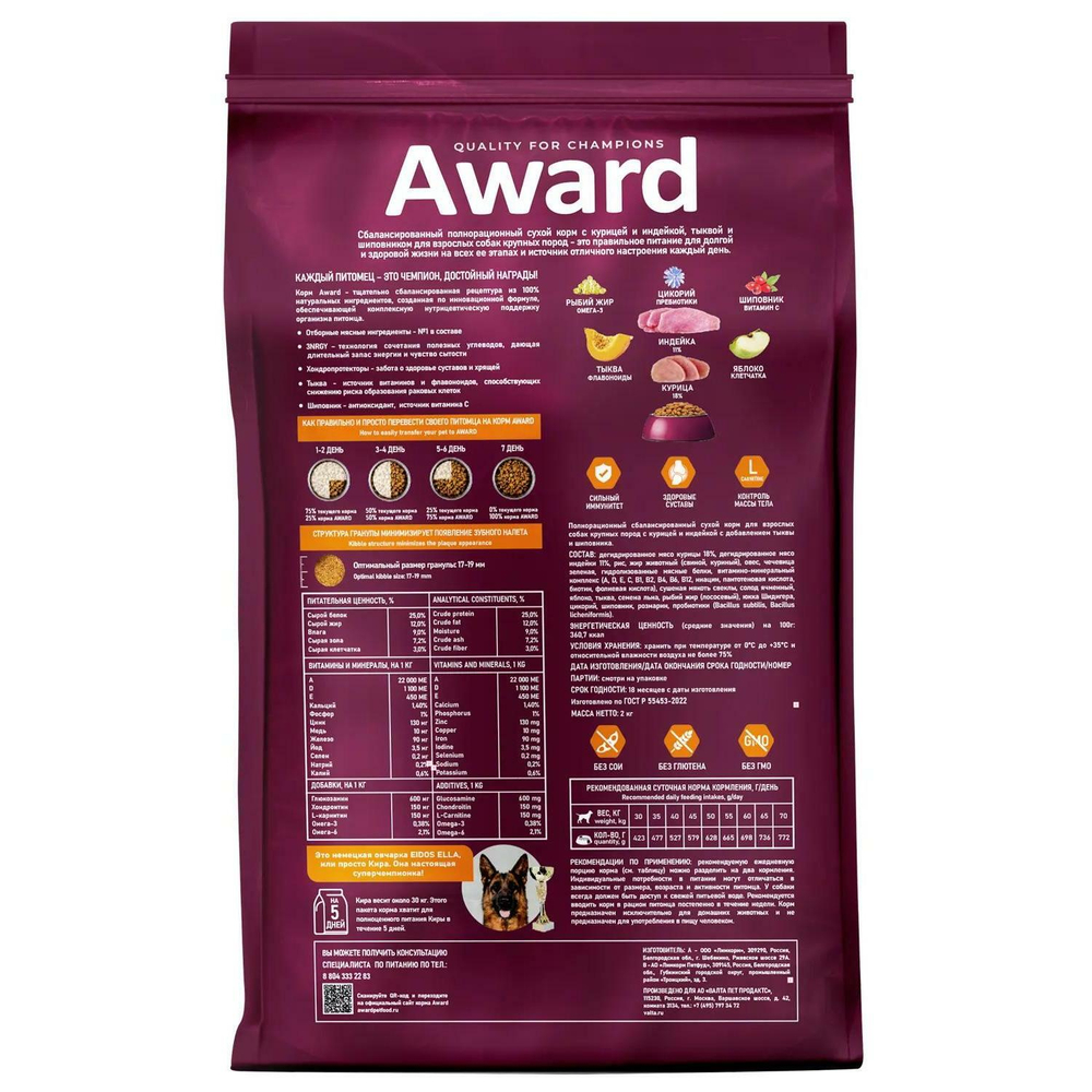 Корм  для собак AWARD, 2 кг, индейка и курица