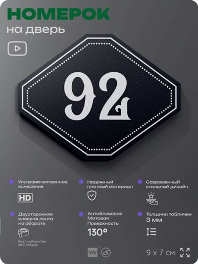 Номерок на дверь квартиры 92, для кабинета, офиса, шильдик 9 х 7 см, черный, Айдентика Технолоджи
