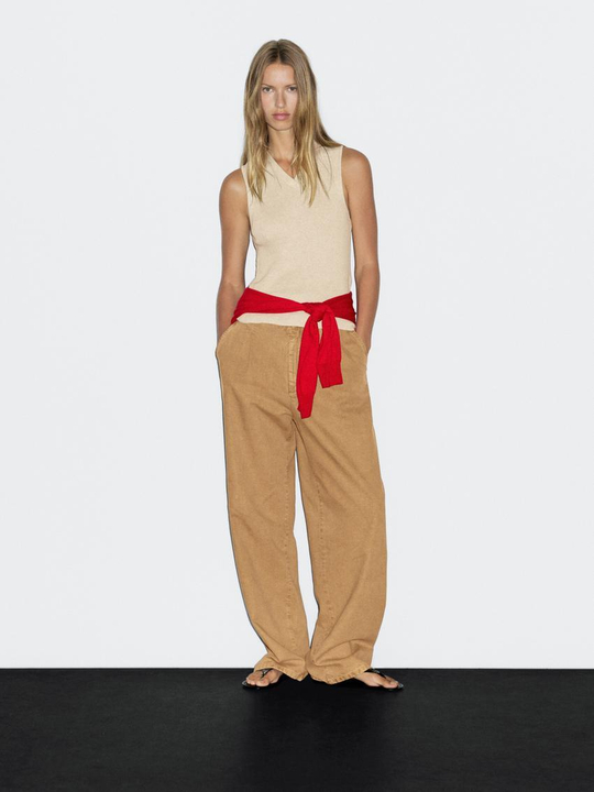 Massimo Dutti Топ в рубчик с воротником, бежевый