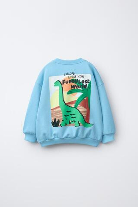 ZARA ТОЛСТОВКА С ПРИНТОМ «ДИНОЗАВР», ВЫЦВЕТШИЙ СИНИЙ