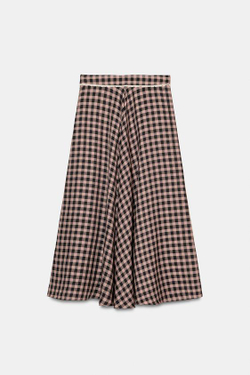 ZARA ЮБКА МИДИ В КЛЕТКУ ВИШИ С КРУЖЕВОМ, РАЗНОЦВЕТНЫЙ