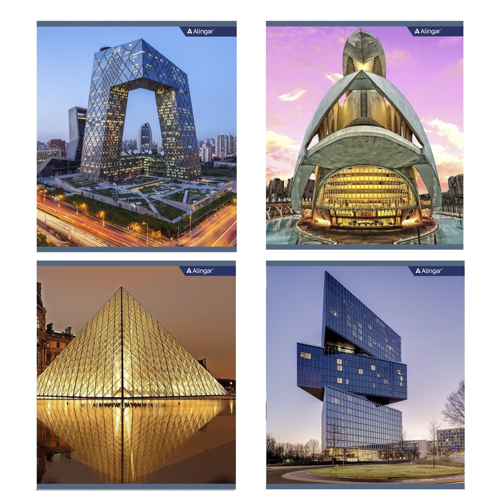 Тетрадь 48л., А5, клетка, Alingar " Архитектура города", скрепка, мелованный картон, блок офсет, 4 дизайна в пленке т/у