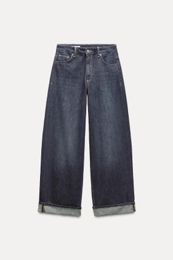 ZARA ДЖИНСЫ TRF RELAXED С НИЗКОЙ ПОСАДКОЙ И ОТВОРОТАМИ, ТЕМНЫЙ ИНДИГО