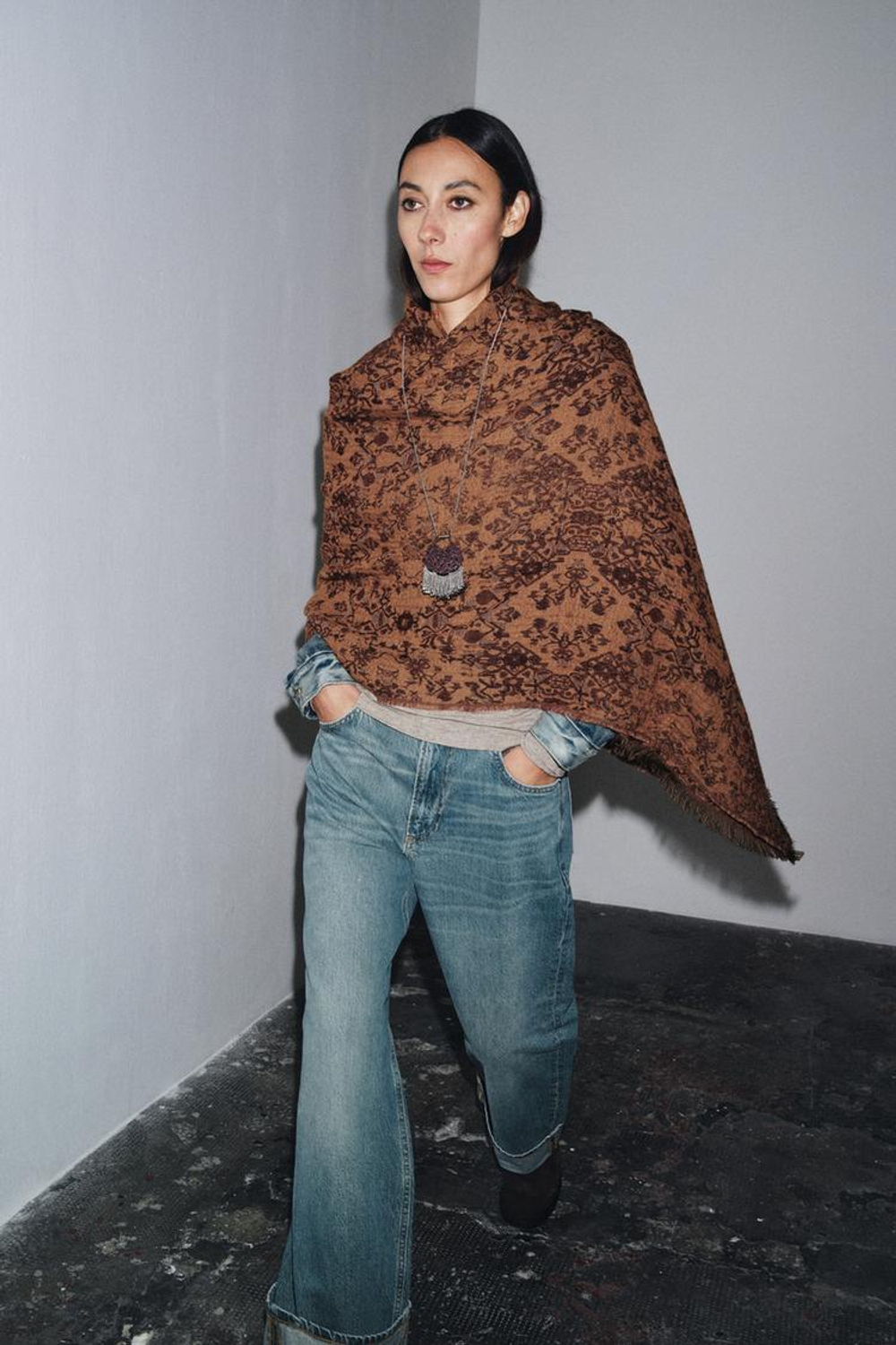 ZARA ЖАККАРДОВЫЙ ШАРФ С ШЕРСТЬЮ, СВЕТЛО-КОРИЧНЕВЫЙ