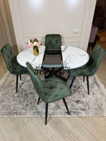Круглый раздвижной стол "Лофт", белый мрамор и стулья "Ральф" оливковый