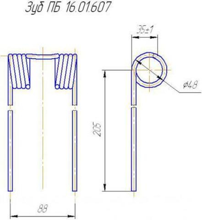 Зуб/палец ПБ 16.01.607 (ан. ПРС 03.616) пружинный пресс-подборщика ПРФ-145 (Астрон)