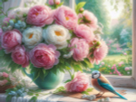 Алмазная мозаика 40х50см. "Птичка и букет пионов" (30цв.) с частич.заполнен.на подрам. (арт.НД-8954)