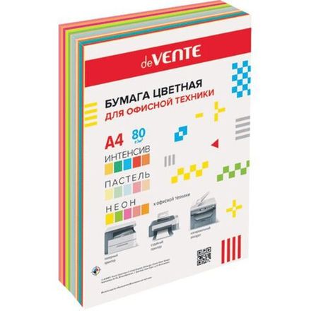 Бумага цветная А4, 80г/м2, deVente Пастель+Интенсив+Неон, 90л, 15цв. микс