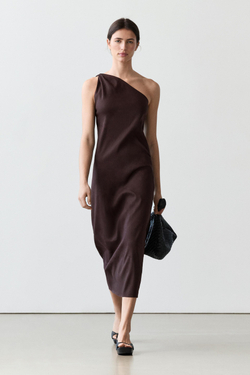 Massimo Dutti Асимметричное платье из смеси льна, шоколадный