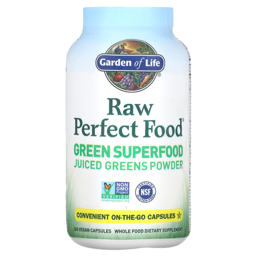 Garden of Life, RAW Perfect Food, Green Superfood, порошок сочной зелени, 240 веганских капсул