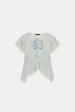 ZARA ТОП В КЛЕТКУ С ВЫШИВКОЙ И КРУЖЕВОМ, СИНИЙ/БЕЛЫЙ