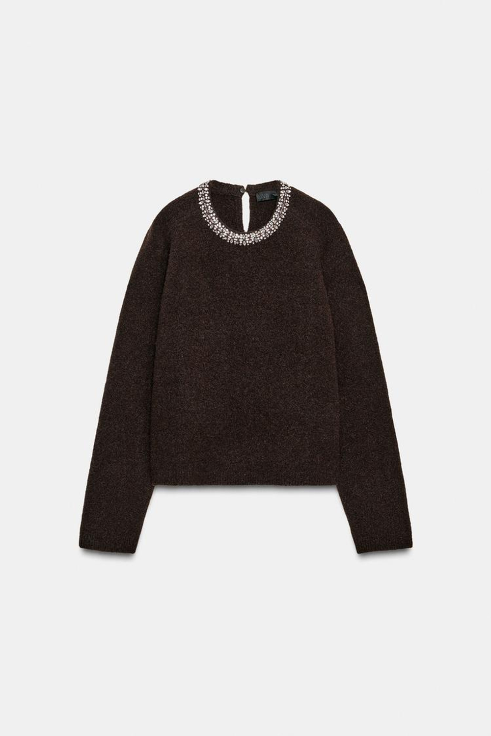 ZARA ДЖЕМПЕР ИЗ ТРИКОТАЖА СО СТРАЗАМИ НА ВОРОТНИКЕ, КОРИЧНЕВЫЙ