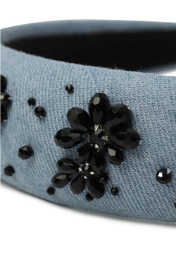 Ободок объемный из светлой джинсы с черными цветами