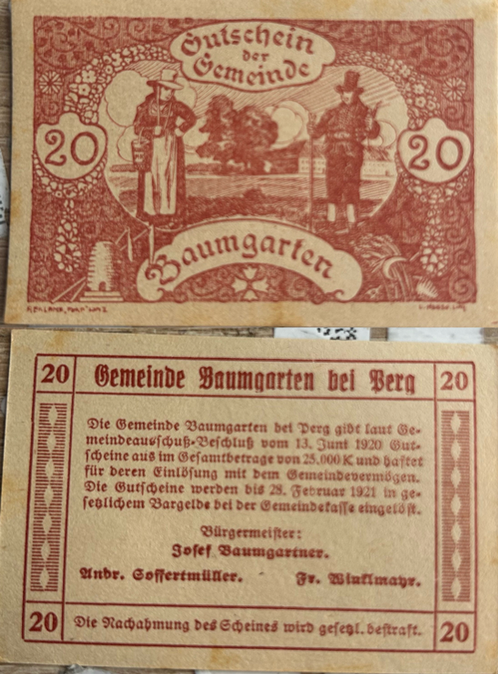 Австрия 20 геллеров 1920 Баумгартен aUNC