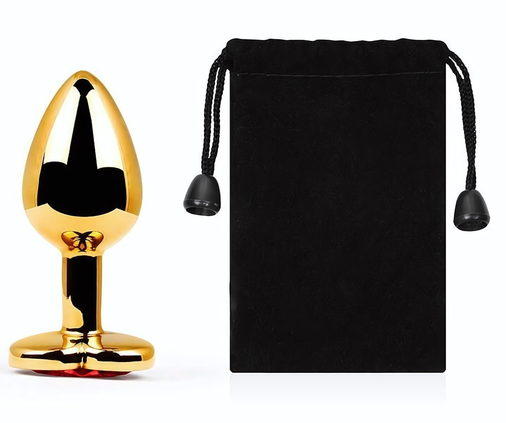 Золотистая анальная пробка с красным стразом-сердечком - 8 см. (Цвет: красный)