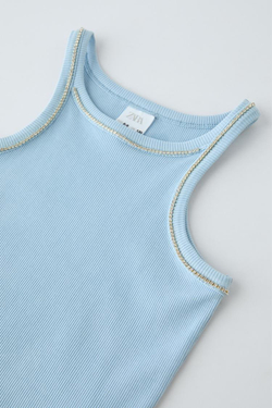 ZARA ТОП В РУБЧИК СО СТРАЗАМИ, ГОЛУБОЙ