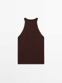 Massimo Dutti Трикотажный топ с горловиной халтер и деталями в рубчик, гранатовый